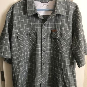 Men’s Orvis gray plaid short sleeve button up casual shirt Sz XL. Chest 50”